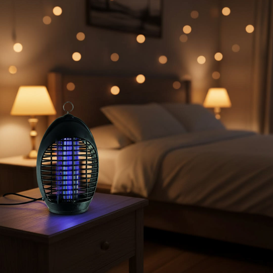 Lámpara antimosquitos encendida en el dormitorio